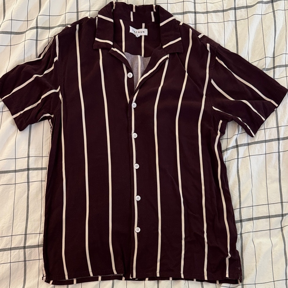 PacSun Men's Dark Brown and Cream Striped Button Down Shirt